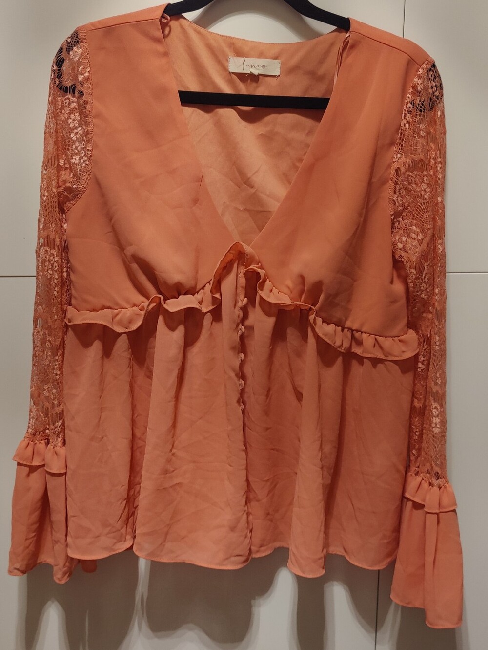 Three Coral Lace Bell Sleeve Tie Front Blouse M NWOT